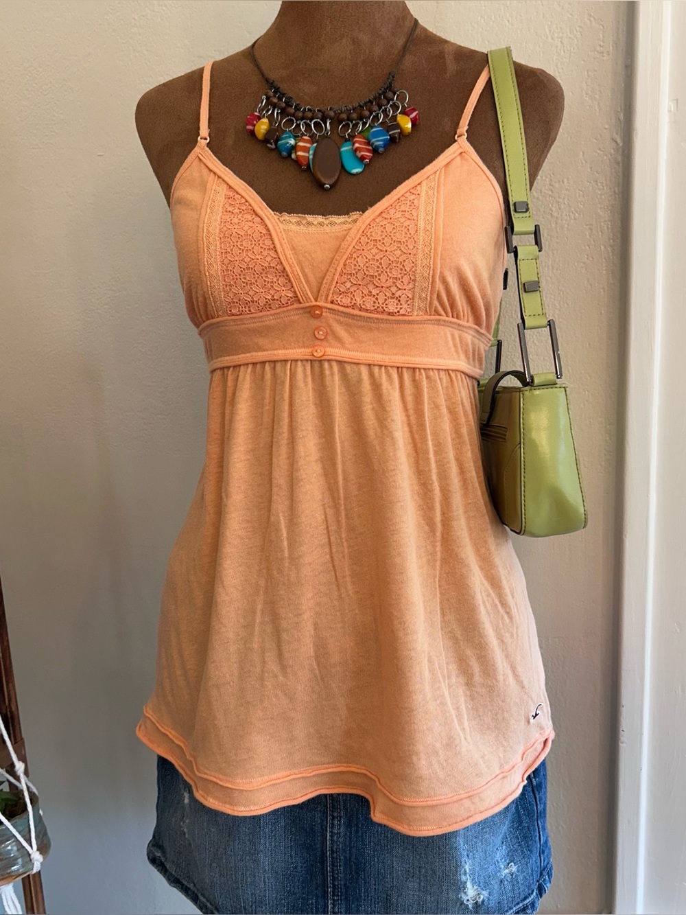 Vintage Y2K Preppy Coral Orange Babydoll Tank Top w Lace Detail by Hollister